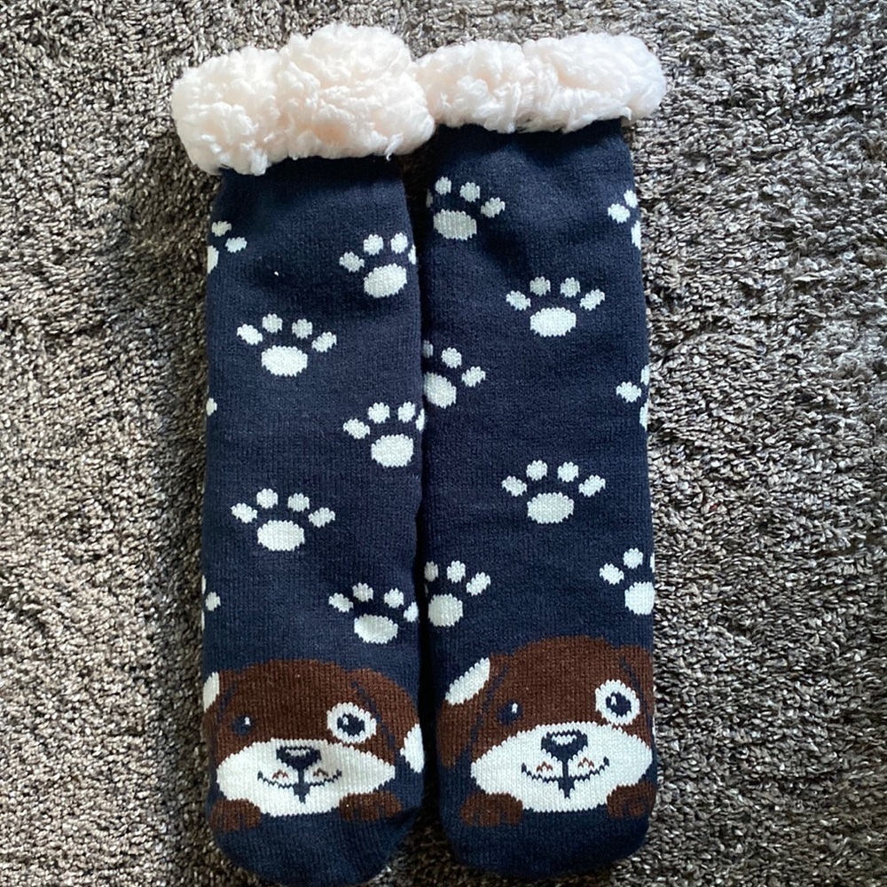 Dog Pawprint 🐾 Slipper Socks Dark Blue Cream Sherpa Inside NEW